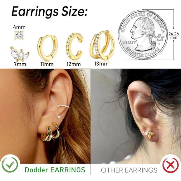 Gold Hoop Earrings Set for Women 14K Gold Plated Small Double Hoop Earrings Set - Picture 4 of 9